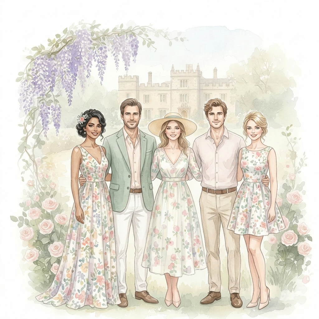 Watercolour mood board: floral summer dress, roses and lavender, straw sun hat